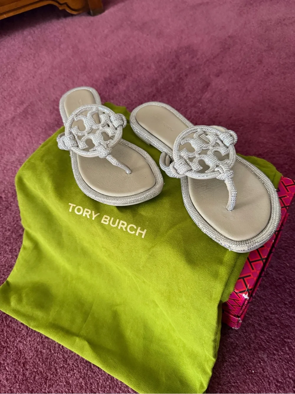 Tory Burch Silver Beaded Miller Thong Sandals